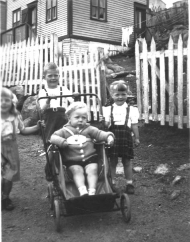 319: l-r Anne Marie, Leo and Rose Marie Barry, and Len Ryan in the stroller, in front of  their grandparents Ryan's house. (circa 1948) [courtesy of Elizabeth (Barry) Ryan]  - Anne Marie, Leo and Rose Marie children of Leo Barry &amp;amp; Elizabeth Ryan; Len son of Francis Ryan &amp;amp; Elizabeth Barry